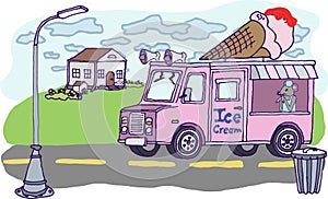 Illustration of a mouse in an ice cream truck. Pink, house, hill, eps ready to use. For your design