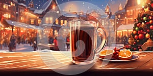 illustration of a mulled wine mug on the table in a christmas fair on the evening of christmas newyear