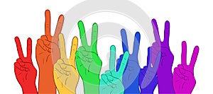 Illustration of multi colored rainbow hands, showing peace