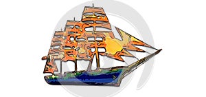 Illustration of a multi-colored sailing vessel on a white background