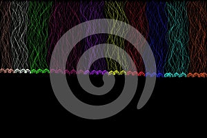Illustration of multi-colored threads on a black background.