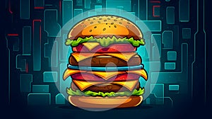Illustration - a multilayered hamburger on a futuristic background