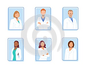 Illustration of multinational faceless physician questionnaires on internet