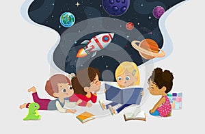 Illustration of multiracial kids sit in a circle on the floor and read the astronomy book. Imaging space, rockers stars