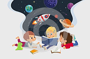 Illustration of multiracial kids sit in a circle on the floor and read the astronomy book. Imaging space, rockers stars