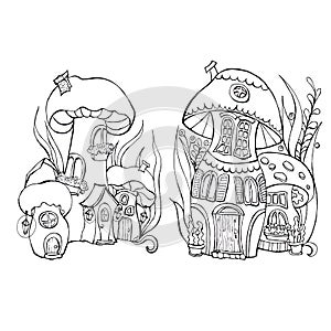 Illustration with mushroom houses.For coloring.