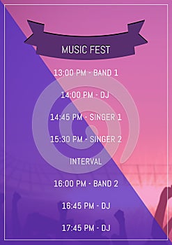 Illustration of music fest with timings, band 1,2, dj, singer 1,2 text over cropped hands cheering