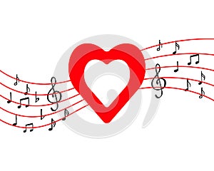 Illustration of music, red heart, musical notes and a treble clef on a staff. Abstract design for logo, poster