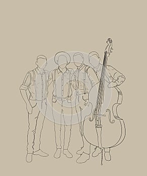 illustration. a musical group, a quartet, four friends of musicians without faces, in suspenders and with a double bass are
