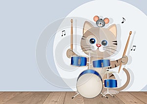 illustration of musician cat playing drums photo