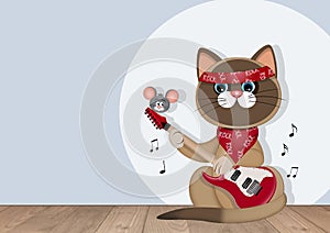 illustration of musician cat playing electric guitar