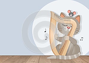 illustration of musician cat playing the harp