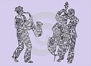 Illustration of musicians. Men who perform music. Saxophone and timpani.