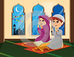 Illustration of Muslim Boy and Girl Praying in Mosque