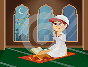 Illustration of Muslim Boy Praying in Mosque