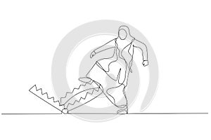 Illustration of muslim business woman carefully walk into mouse trap concept business risk. Single continuous line art style