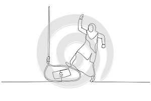 Illustration of muslim business woman tricked with money bait get trap because greedy. Single continuous line art style