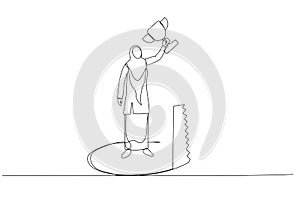 Illustration of muslim businesswoman holding trophy but get betrayed by someone. Continuous line art style