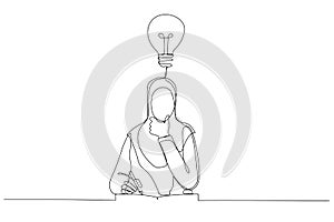 Illustration of muslim businesswoman thinking on productive ideas sitting at laptop and notepad for notes. Single continuous line