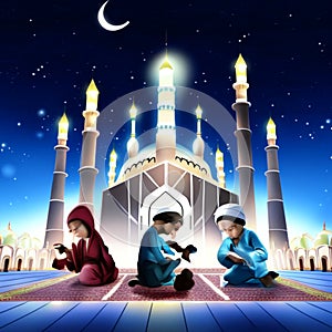 Illustration of muslim kids praying in front of mosque at night Generative AI