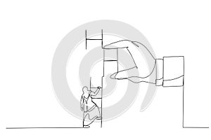 Illustration of muslim woman climbing up to top of broken ladder with huge helping hand to connect to reach higher. Single line