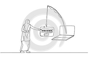 Illustration of muslim woman with credit card almost get scammed by submit password concept of phishing. Single line art style