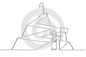 Illustration of muslim woman enterpreneur with flag looking at the flag from the top of the arrow. Single line art style