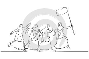 Illustration of muslim woman enterpreneur hold flag and lead the way. Single line art style