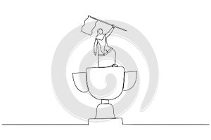 Illustration of muslim woman enterpreneur winner raising flag on winning trophy concept of victory. Single continuous line art