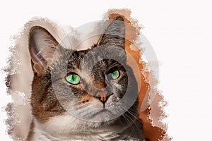 Illustration of Muzzle of a beautiful adult young tabby cat with green eyes and brown velvet wet nose is on a white