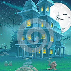 Illustration of a mysterious haunted house on a moonlit night