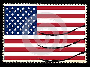 Illustration of national flag of United States of America on vintage postage stamp on black background. Old paper texture