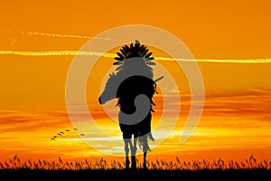 Native American Indian on horseback at sunset