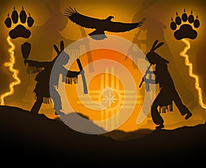 Illustration :  Native American silhouette dancers, blessing