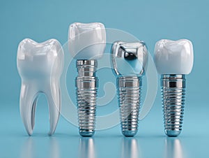 Illustration of natural tooth next to different types of dental implants with various crowns representing modern restorative