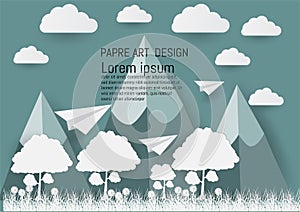 Illustration of nature landscape and concept of ecology idea, sky with cloud and mountain.design by paper art and craft style