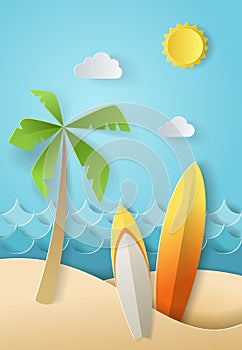 Illustration of nature landscape and concept of summer time, surf board and sea or ocean. Design by origami paper art