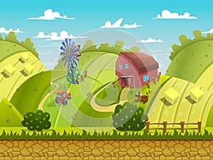 Illustration of a nature landscape ,with green hills and fields, vector unending background with separated layers.