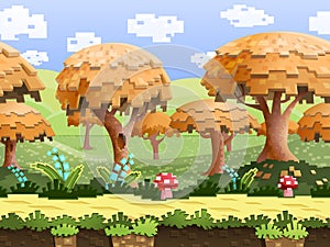 Illustration of a nature landscape ,with pixel trees and green hills, vector unending background with separated layers.