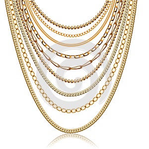 Illustration  necklace multilayer of gold chains and beads isolated on white with reflection