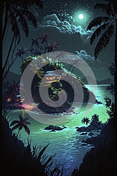 illustration, neon fantasy tropical island, ai generative