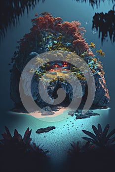 illustration, neon fantasy tropical island, ai generative