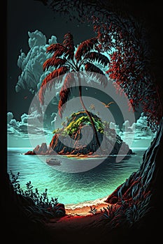 illustration, neon fantasy tropical island, ai generative