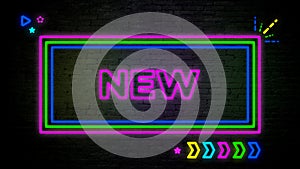 Illustration of a neon glowing "New" sign on a brick wall background photo