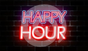 Illustration, Neon sign on a brick wall - Happy Hour