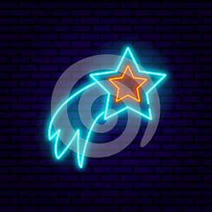 Illustration of a neon star with a tail on a brick wall background.