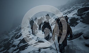 Illustration of a nepalese sherpa team climbing K2 during a blizzard.