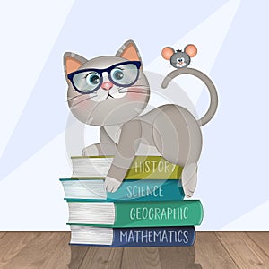 illustration of nerd cat on books