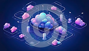 Illustration of a network of interconnected clouds representing cloud services and data centers