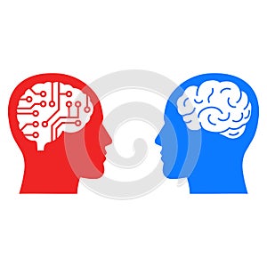 Illustration of neural network vs human brain icon design.